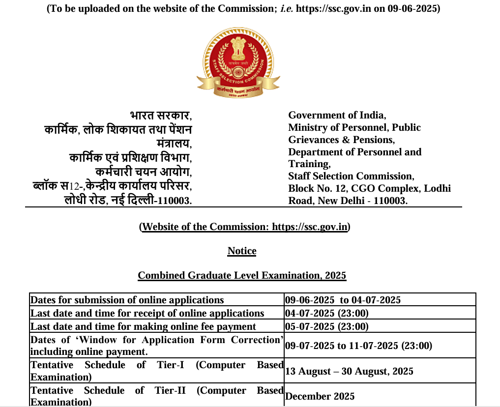 SSC CGL NOTIFICATION OUT 2025