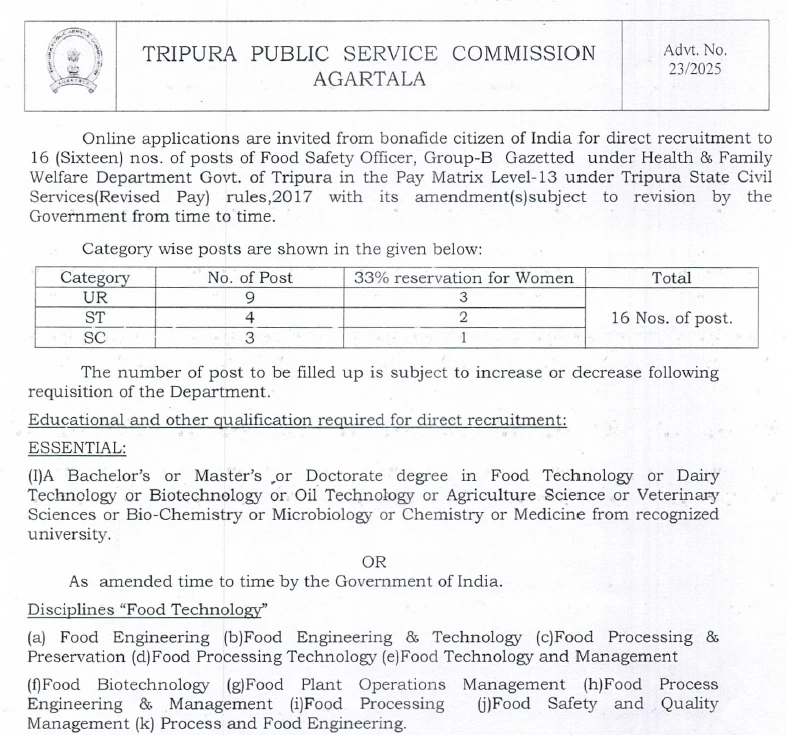 TPSC Recruitment 2025: Apply Online for 16 Food Safety Officer Posts in Tripura, Check Eligibility & Details 1 TPSC Jobs 2025: Apply Online for Food Safety Officer Group-B Gazetted Posts