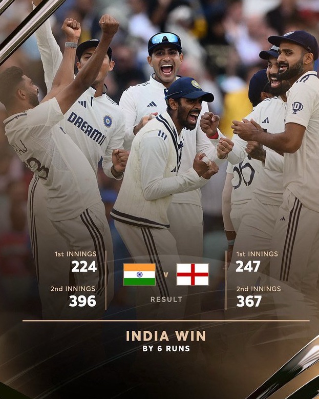 India Beats England by 6 Runs in Thrilling Test Finish – Narrowest Win Ever 1 image
