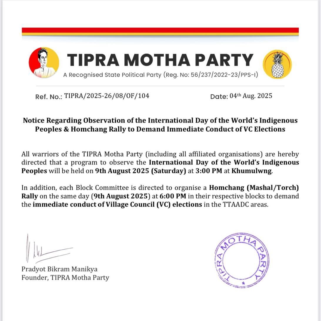 TIPRA Motha Party to Observe World Indigenous Peoples Day with Rally for VC Elections 1 img 20250805 wa00011061560986932766720 edited