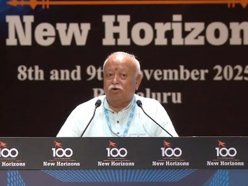 RSS Chief Mohan Bhagwat speaking at a lecture series commemorating the centenary of the RSS